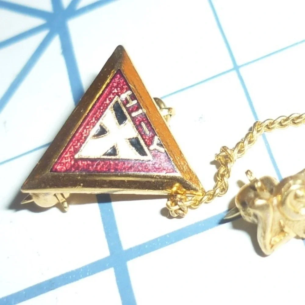 Vintage 1957 Triangle Sorority Fraternity Enamel Lapel Pin Guard Chain Gold Tone